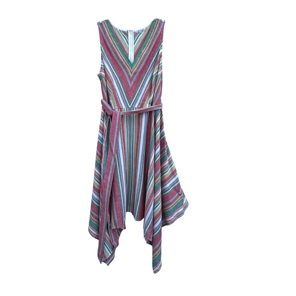 Linen Blend Sundress 1X Asymmetric Picnic Stripe Flowy Cottage - Picture 3 of 10